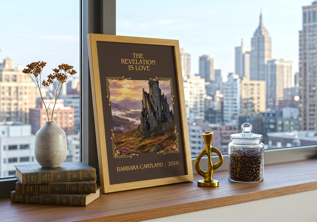 The Revelation Is Love Classic Book Art Print by Barbara Cartland – framed print on a city-view windowsill