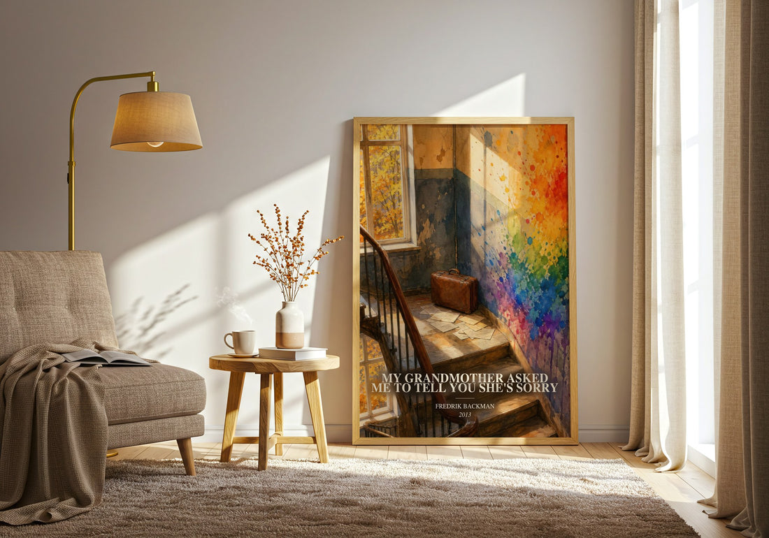 My Grandmother Asked Me To Tell You She'S Sorry watercolour print in frame leaning in hallway – contemporary fiction wall art (mockup)