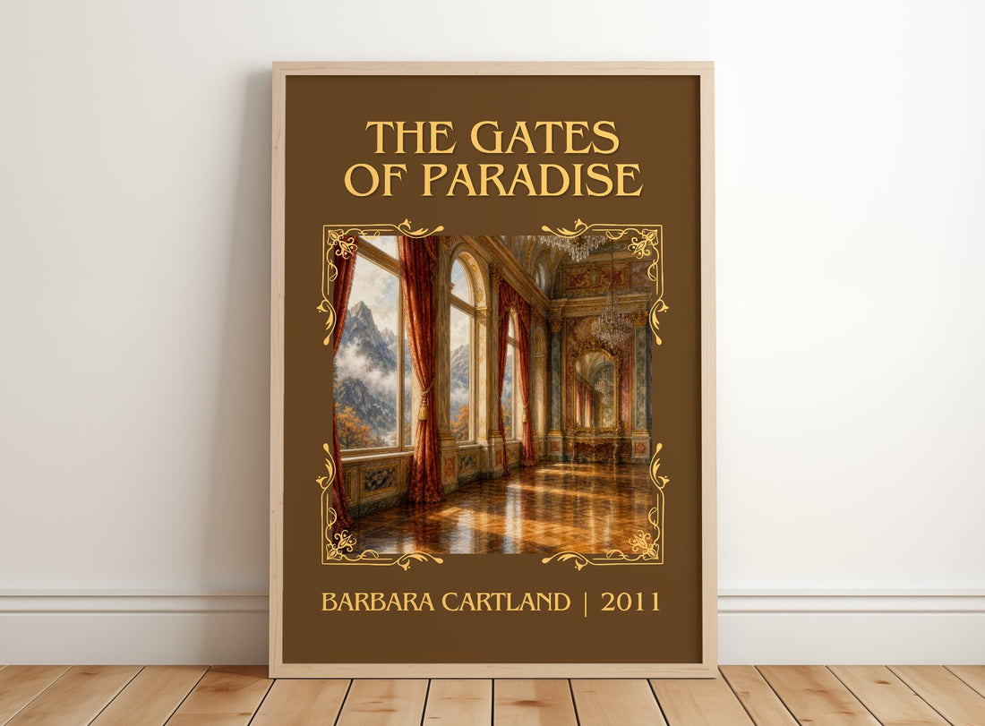 The Gates Of Paradise Classic Book Art Print by Barbara Cartland – framed print leaning on a wooden floor