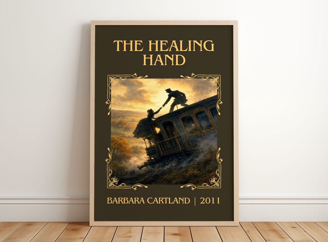 The Healing Hand Classic Book Art Print by Barbara Cartland – framed print leaning on a wooden floor
