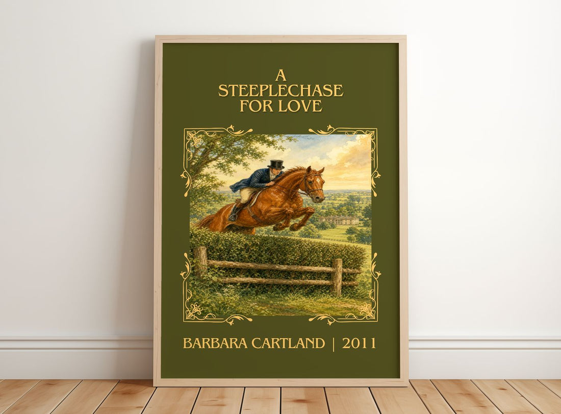 A Steeplechase For Love Classic Book Art Print by Barbara Cartland – framed print leaning on a wooden floor