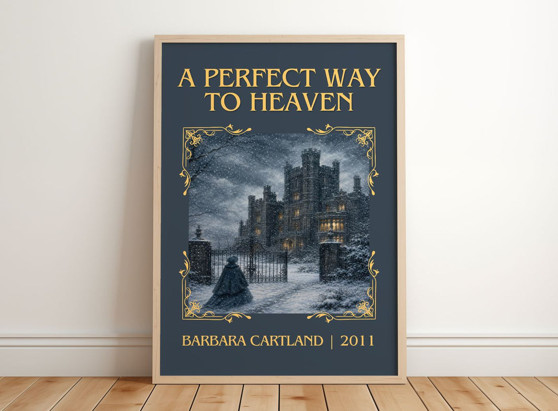 A Perfect Way To Heaven Classic Book Art Print by Barbara Cartland – framed print leaning on a wooden floor