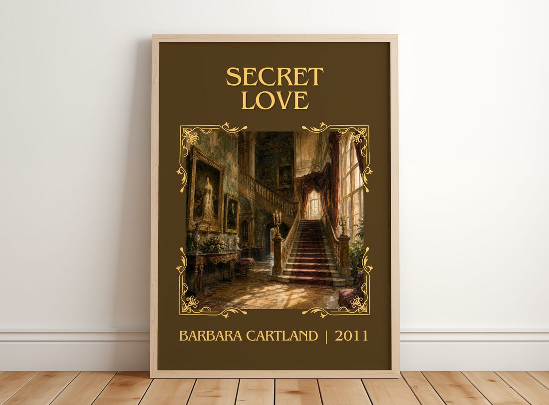 Secret Love Classic Book Art Print by Barbara Cartland – framed print leaning on a wooden floor