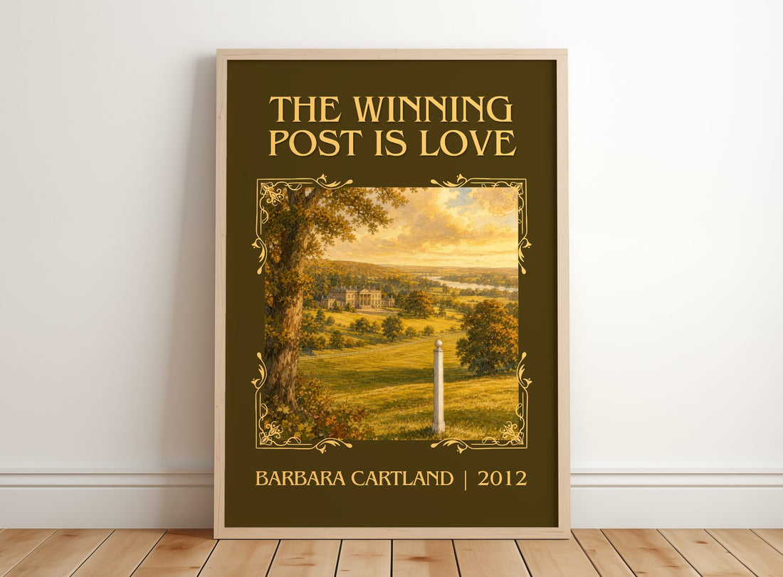 The Winning Post Is Love Classic Book Art Print by Barbara Cartland – framed print leaning on a wooden floor