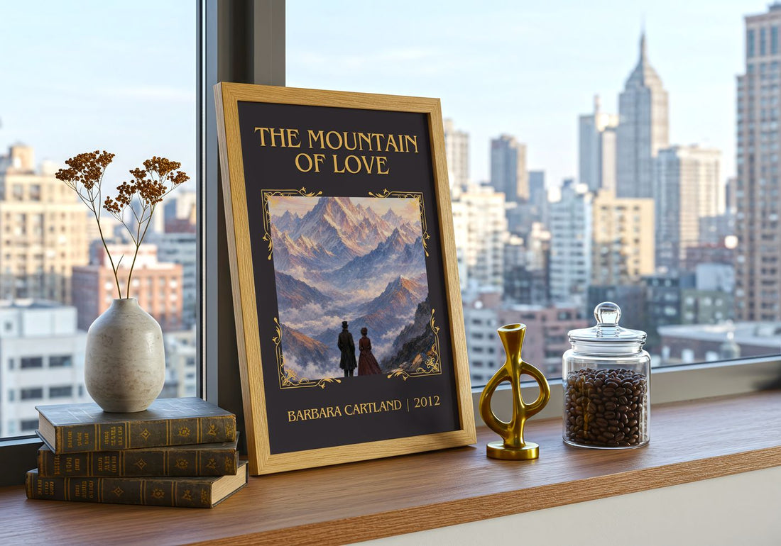 The Mountain Of Love Classic Book Art Print by Barbara Cartland – framed print on a city-view windowsill