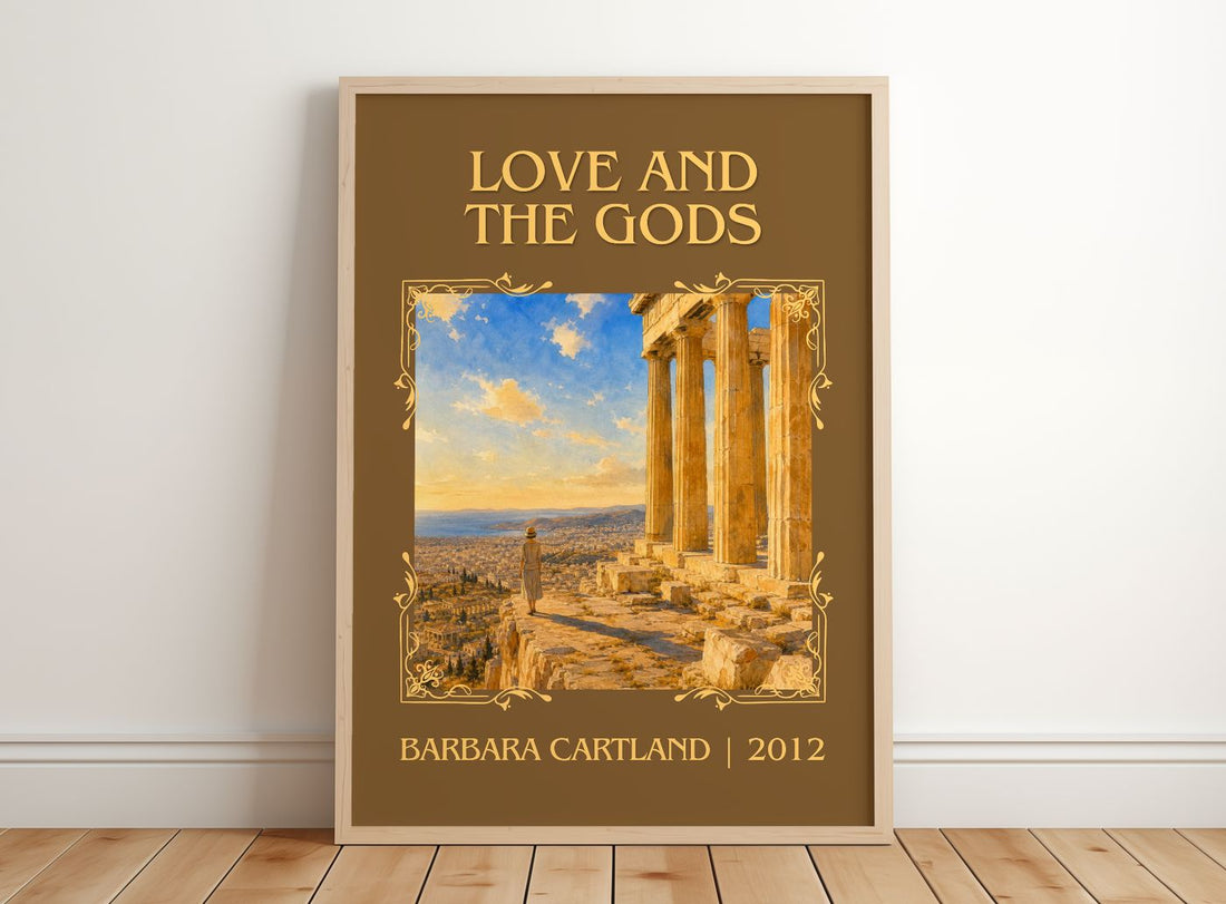 Love And The Gods Classic Book Art Print by Barbara Cartland – framed print leaning on a wooden floor