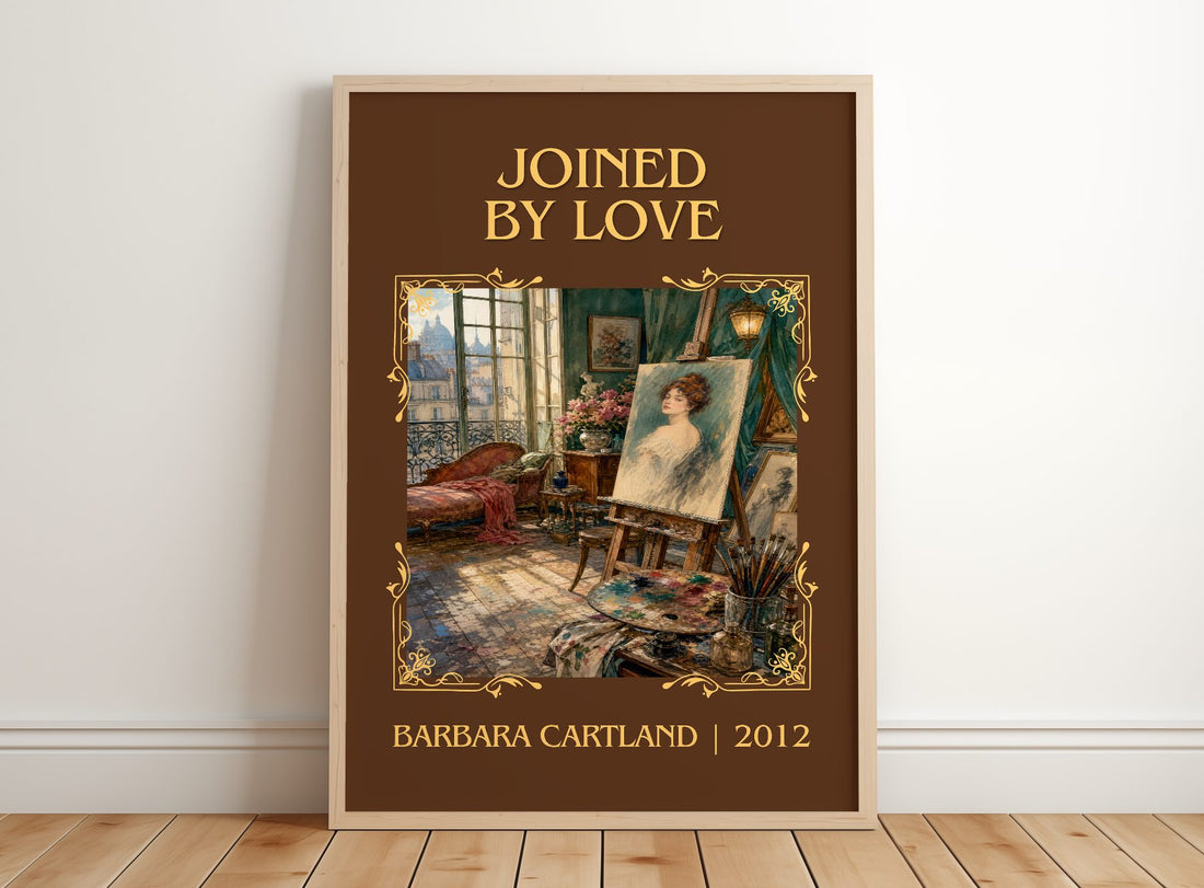 Joined By Love Classic Book Art Print by Barbara Cartland – framed print leaning on a wooden floor