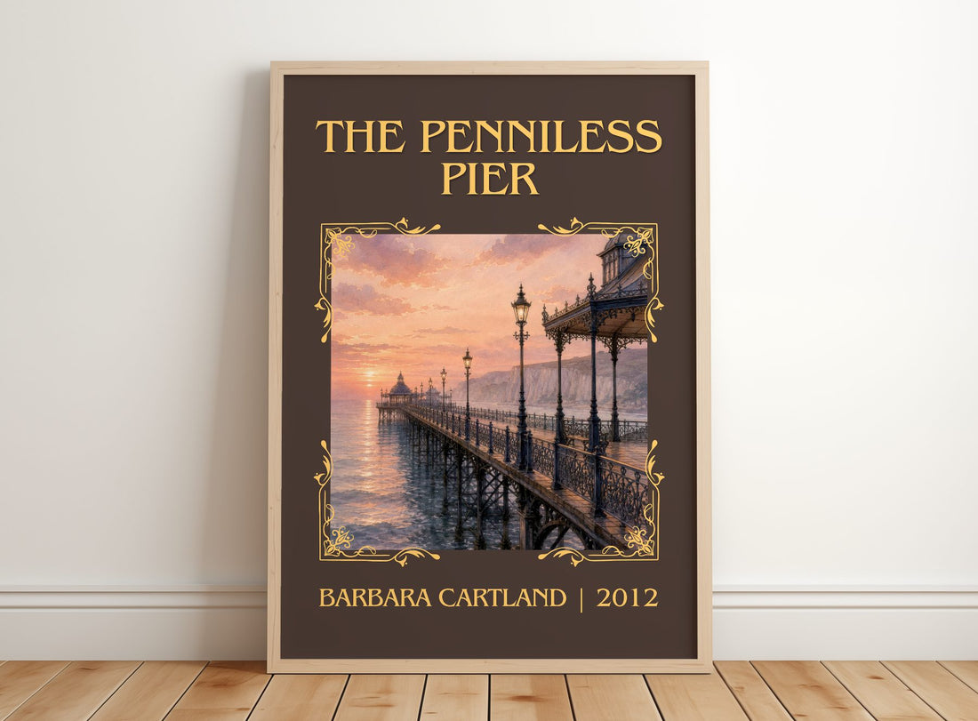 The Penniless Pier Classic Book Art Print by Barbara Cartland – framed print leaning on a wooden floor