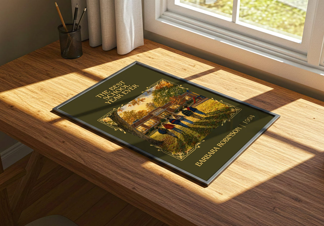 The Best School Year Ever Classic Book Art Print by Barbara Robinson – print on a sunlit desk