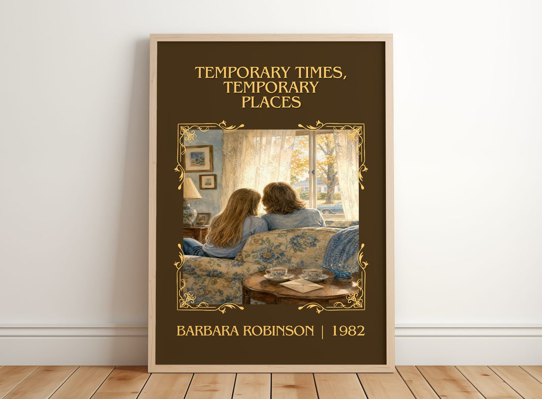 Temporary Times, Temporary Places Classic Book Art Print – framed print leaning on a wooden floor