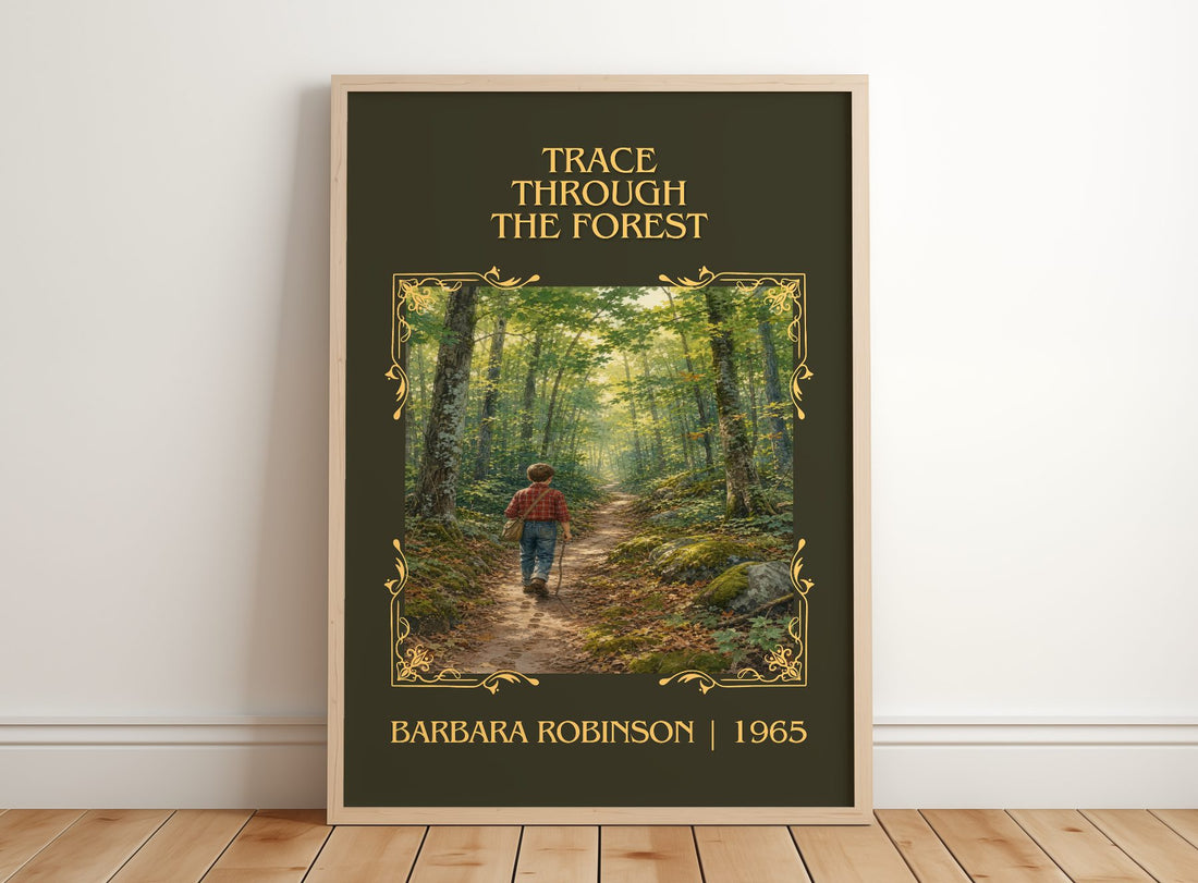 Trace Through The Forest Classic Book Art Print by Barbara Robinson – framed print leaning on a wooden floor