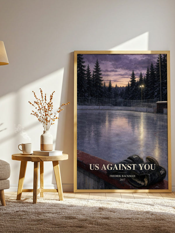 Us Against You watercolour print in frame leaning in hallway – contemporary fiction wall art