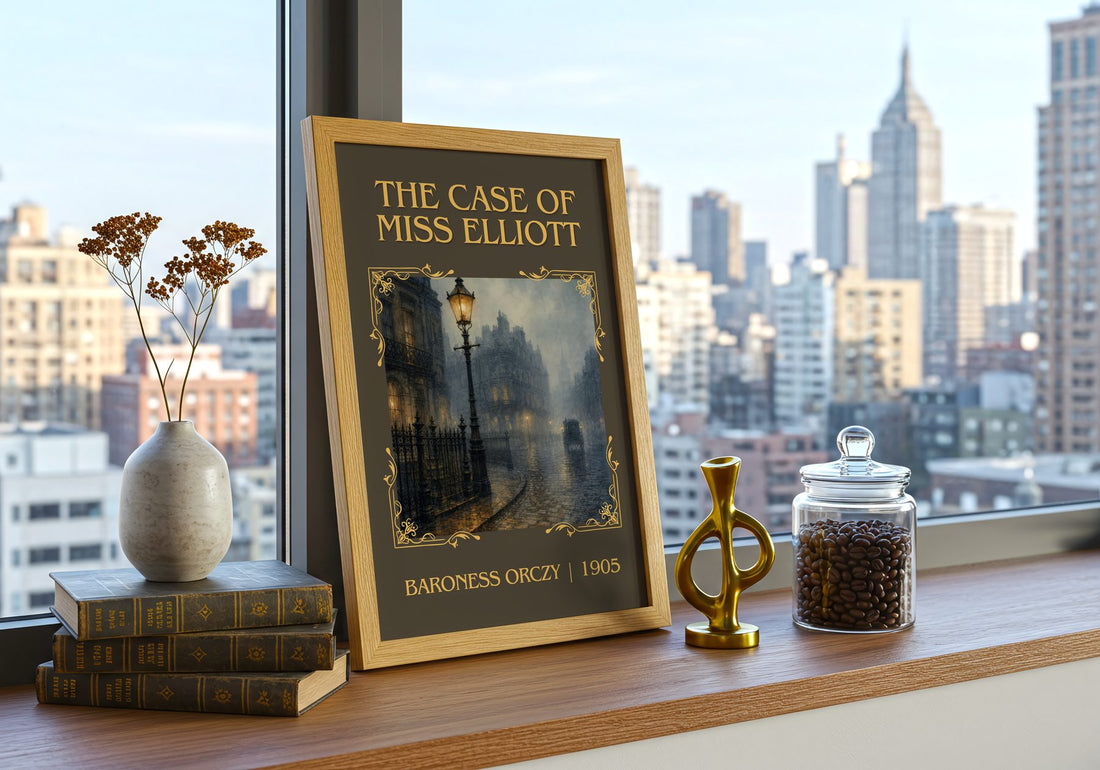 The Case Of Miss Elliott Classic Book Art Print by Baroness Orczy – framed print on a city-view windowsill