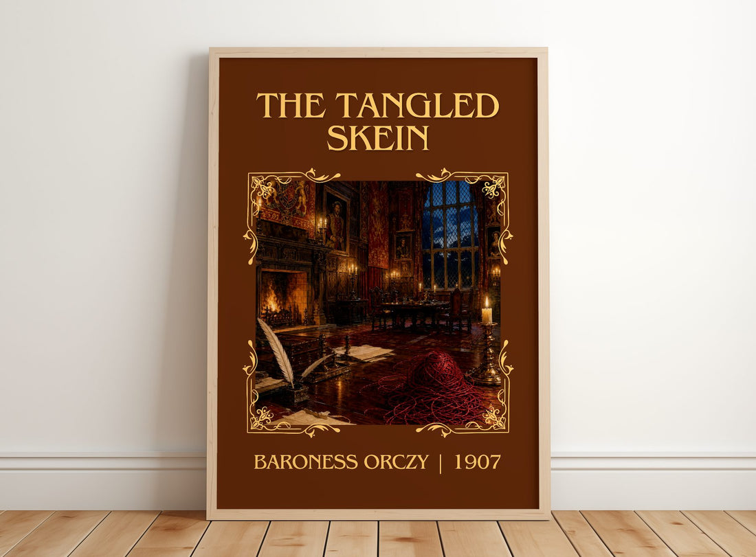 The Tangled Skein Classic Book Art Print by Baroness Orczy – framed print leaning on a wooden floor