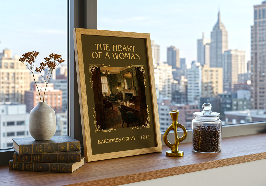 The Heart Of A Woman Classic Book Art Print by Baroness Orczy – framed print on a city-view windowsill