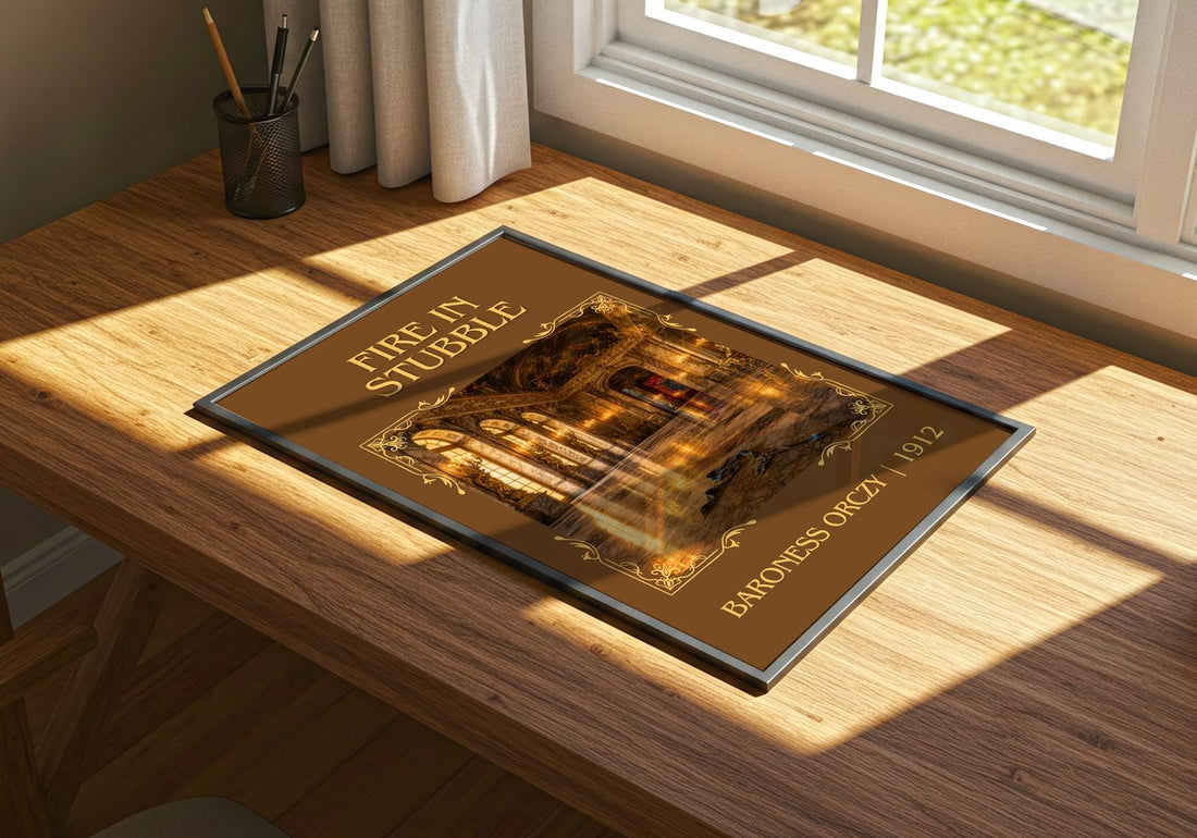 Fire In Stubble Classic Book Art Print by Baroness Orczy – print on a sunlit desk