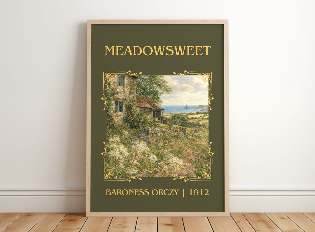Meadowsweet Classic Book Art Print by Baroness Orczy – framed print leaning on a wooden floor