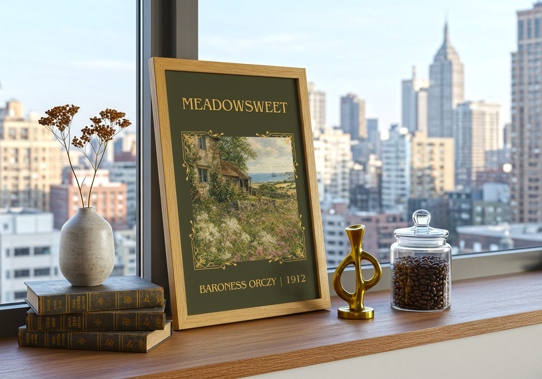 Meadowsweet Classic Book Art Print by Baroness Orczy – framed print on a city-view windowsill