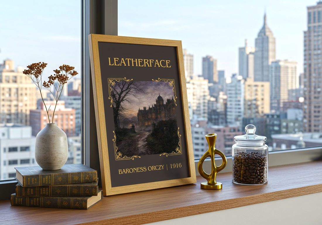 Leatherface Classic Book Art Print by Baroness Orczy – framed print on a city-view windowsill