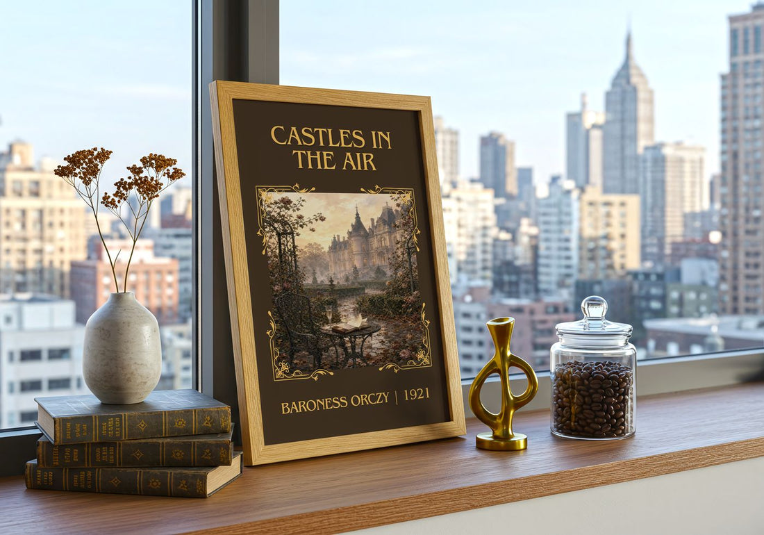 Castles In The Air Classic Book Art Print by Baroness Orczy – framed print on a city-view windowsill