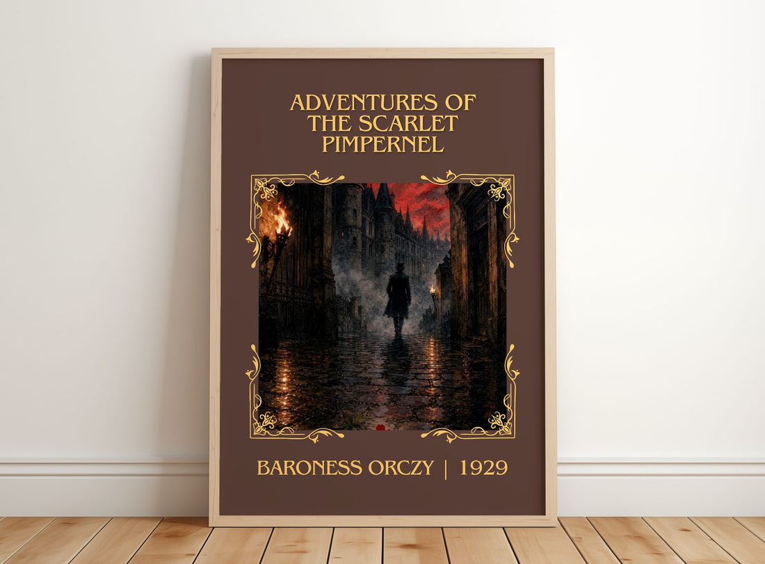 Adventures Of The Scarlet Pimpernel Classic Book Art Print by B. Orczy – framed print leaning on a wooden floor