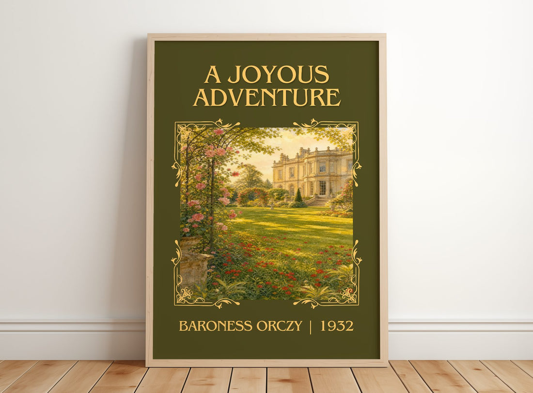 A Joyous Adventure Classic Book Art Print by Baroness Orczy – framed print leaning on a wooden floor