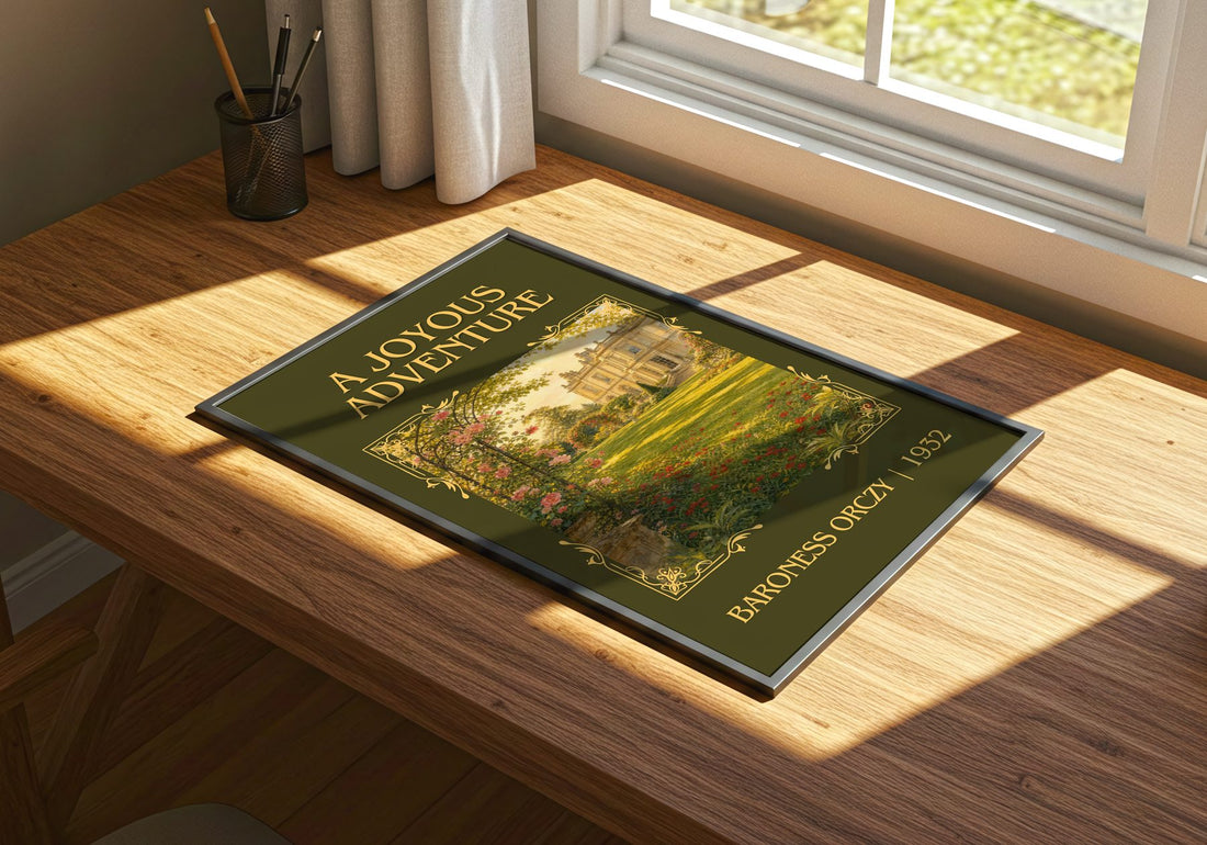 A Joyous Adventure Classic Book Art Print by Baroness Orczy – print on a sunlit desk