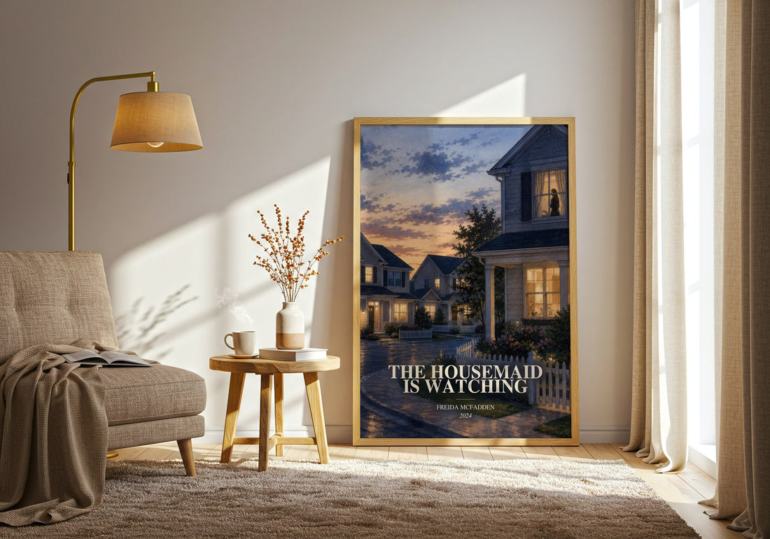 The Housemaid Is Watching watercolour print in frame leaning in hallway – thriller wall art (mockup)
