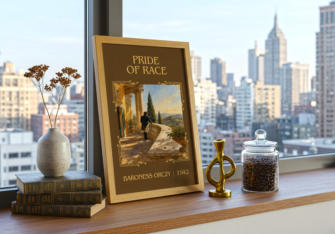 Pride Of Race Classic Book Art Print by Baroness Orczy – framed print on a city-view windowsill