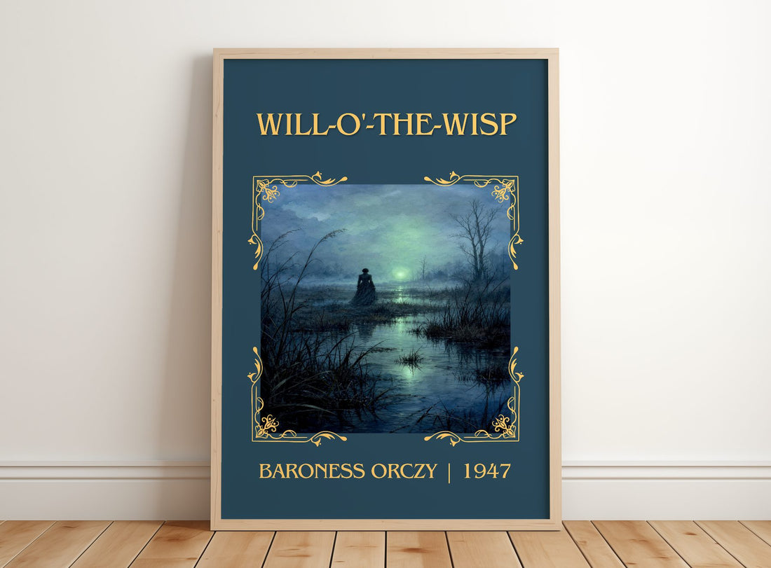 Will-O'-The-Wisp Classic Book Art Print by Baroness Orczy – framed print leaning on a wooden floor