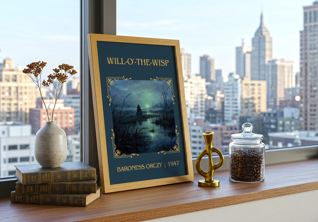 Will-O'-The-Wisp Classic Book Art Print by Baroness Orczy – framed print on a city-view windowsill