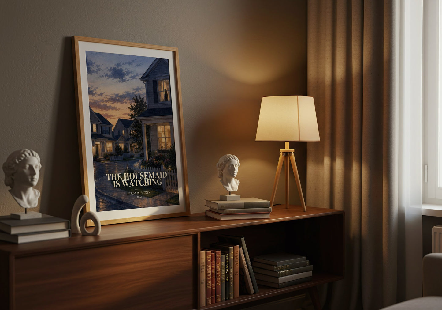The Housemaid Is Watching watercolour print on bookshelf – Freida Mcfadden fan gift