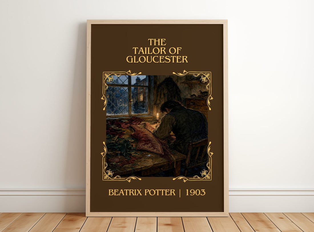 The Tailor Of Gloucester Classic Book Art Print by Beatrix Potter – framed print leaning on a wooden floor