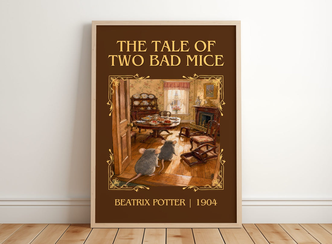 The Tale Of Two Bad Mice Classic Book Art Print by Beatrix Potter – framed print leaning on a wooden floor