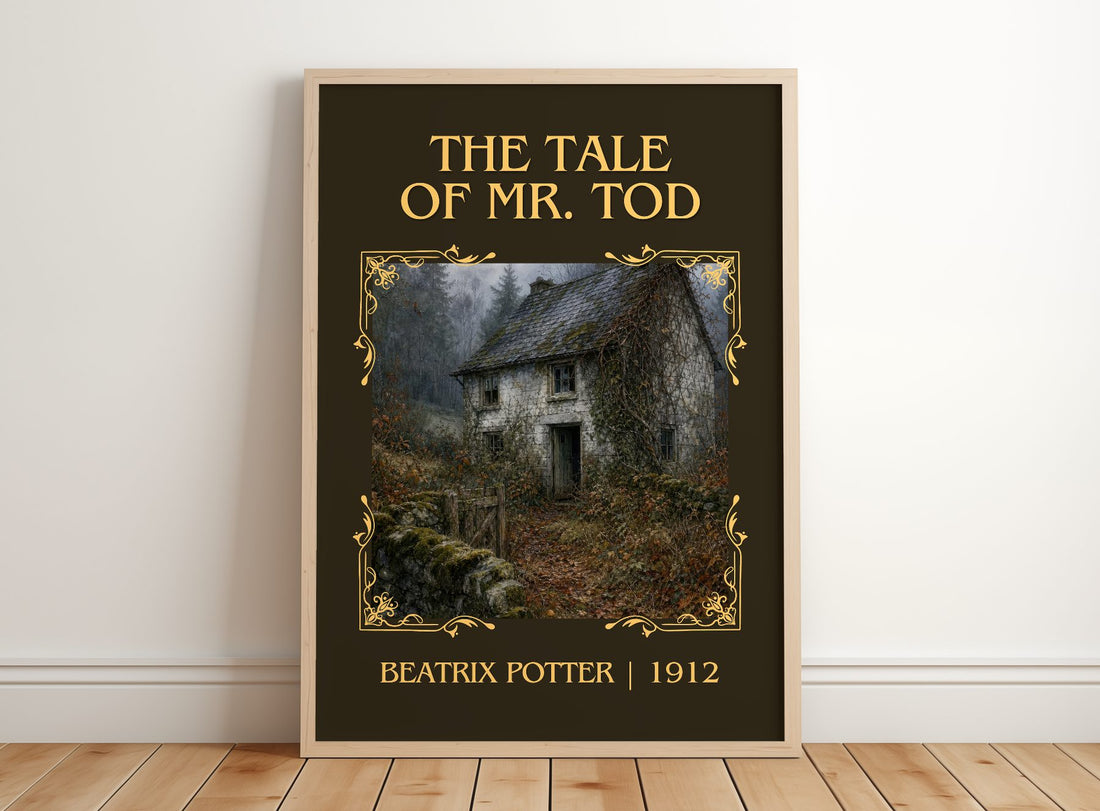 The Tale Of Mr. Tod Classic Book Art Print by Beatrix Potter – framed print leaning on a wooden floor
