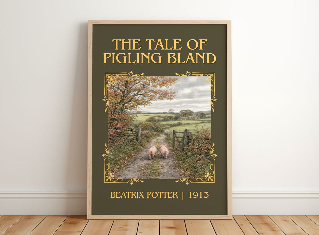 The Tale Of Pigling Bland Classic Book Art Print by Beatrix Potter – framed print leaning on a wooden floor