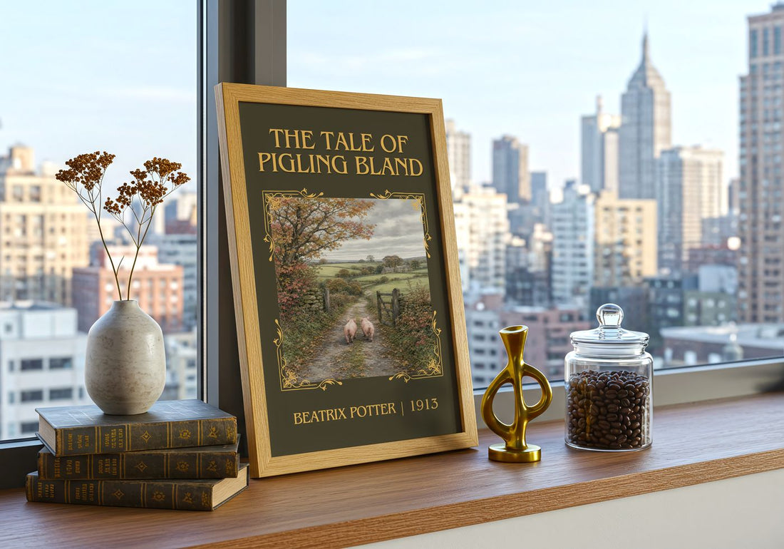 The Tale Of Pigling Bland Classic Book Art Print by Beatrix Potter – framed print on a city-view windowsill