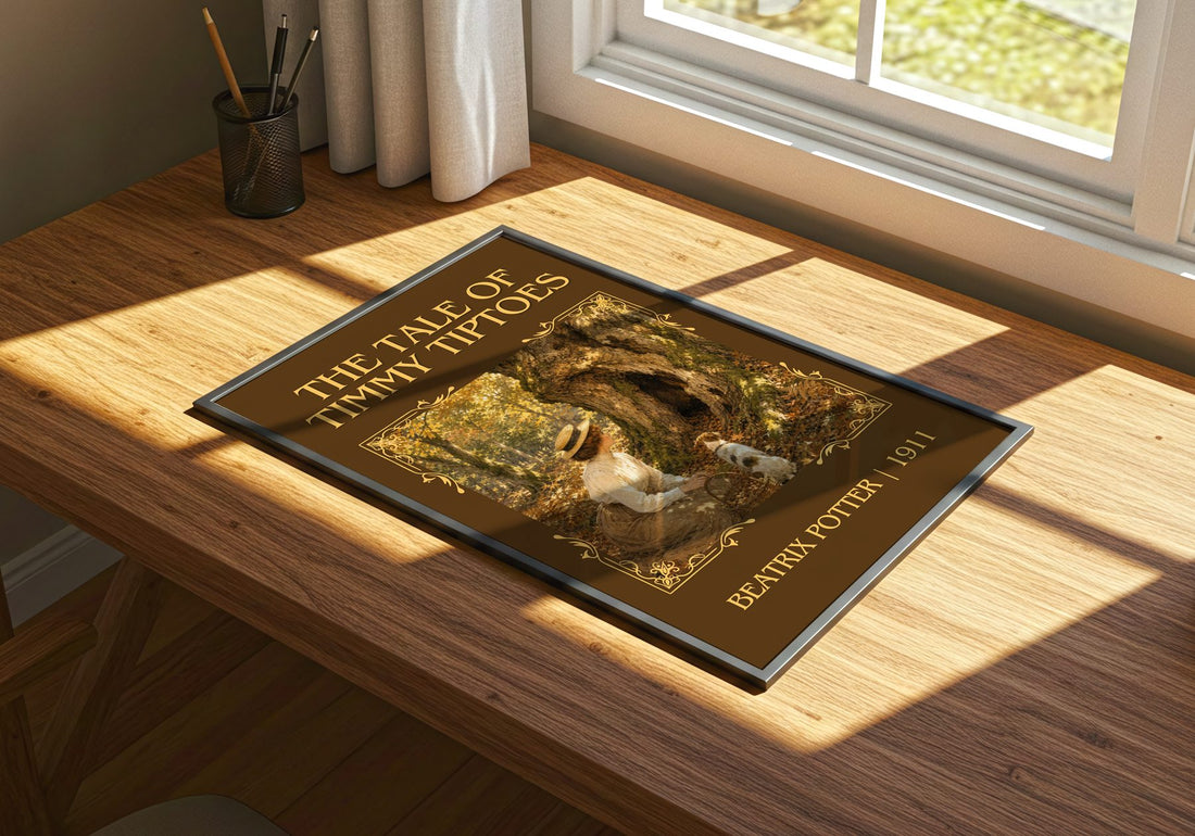 The Tale Of Timmy Tiptoes Classic Book Art Print by Beatrix Potter – print on a sunlit desk