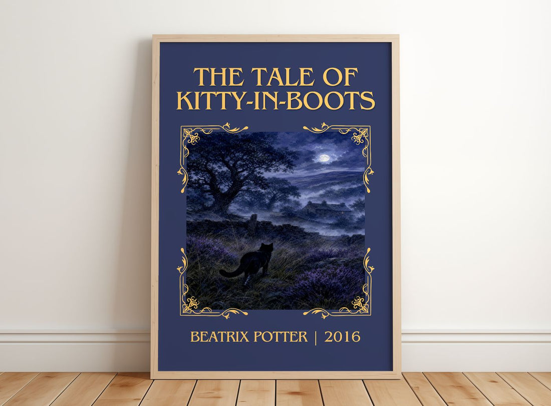 The Tale Of Kitty-In-Boots Classic Book Art Print by Beatrix Potter – framed print leaning on a wooden floor