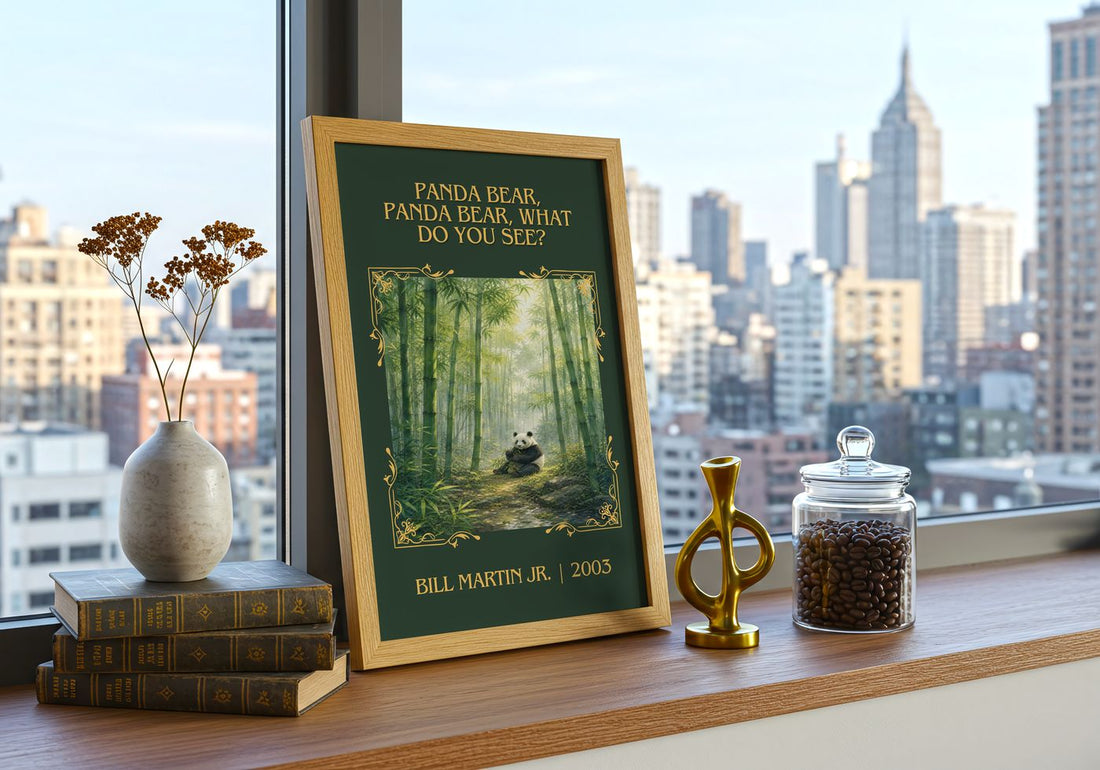 Panda Bear, Panda Bear, What Do You See? Classic Book Art Print – framed print on a city-view windowsill