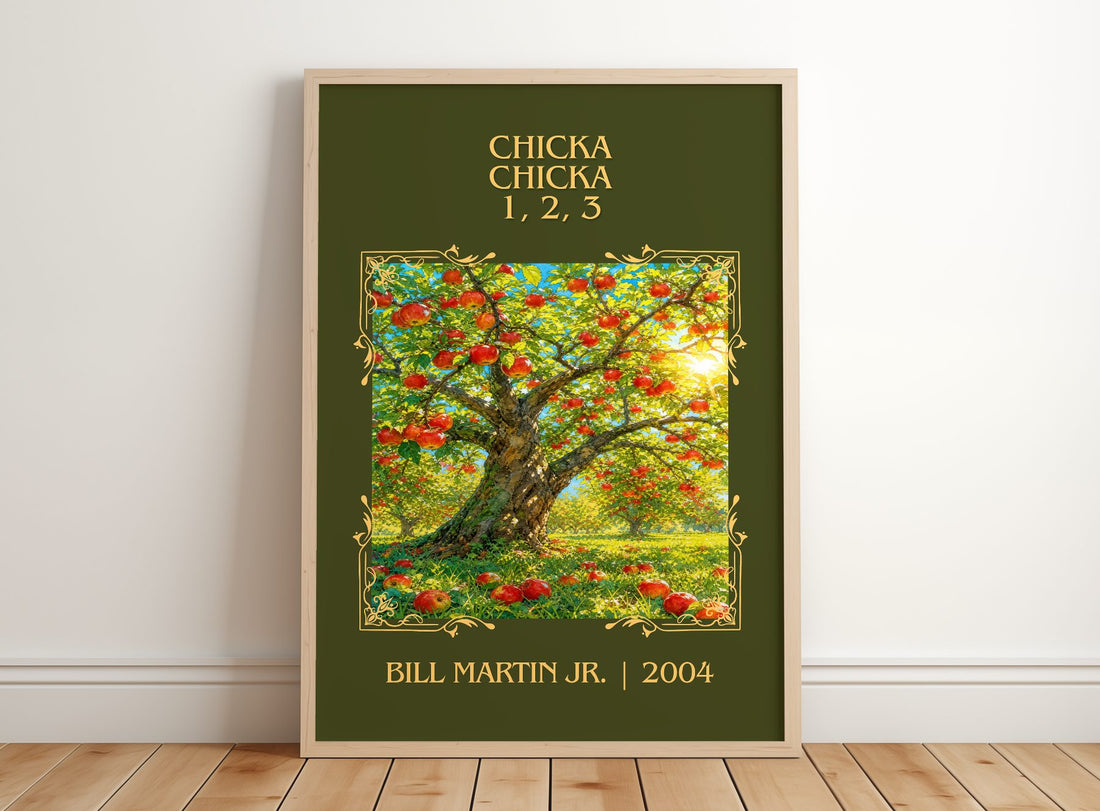 Chicka Chicka 1, 2, 3 Classic Book Art Print by Bill Martin Jr. – framed print leaning on a wooden floor