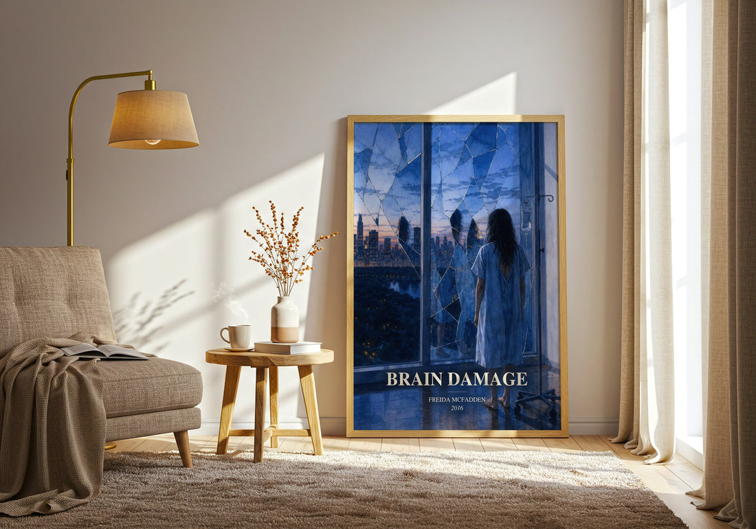 Brain Damage watercolour print in frame leaning in hallway – thriller wall art (mockup)