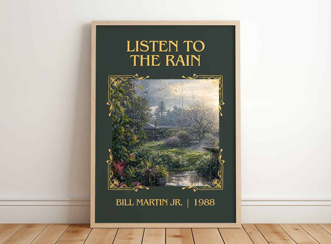 Listen To The Rain Classic Book Art Print by Bill Martin Jr. – framed print leaning on a wooden floor
