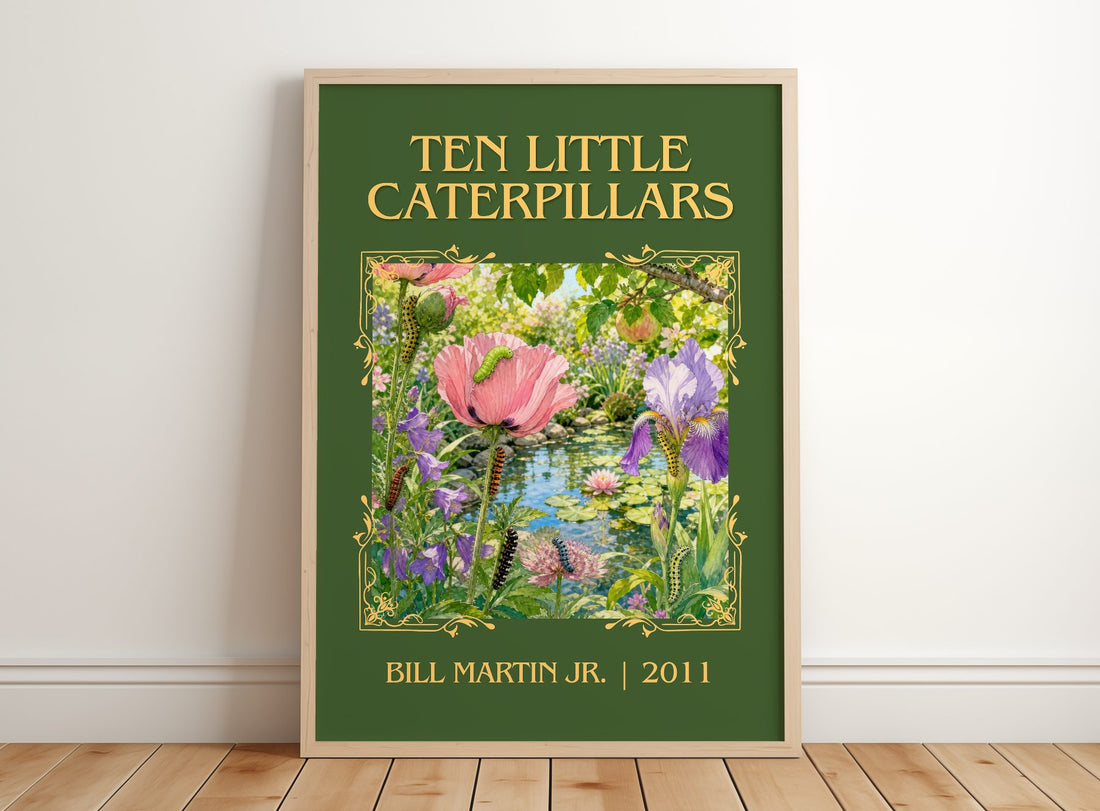 Ten Little Caterpillars Classic Book Art Print by Bill Martin Jr. – framed print leaning on a wooden floor
