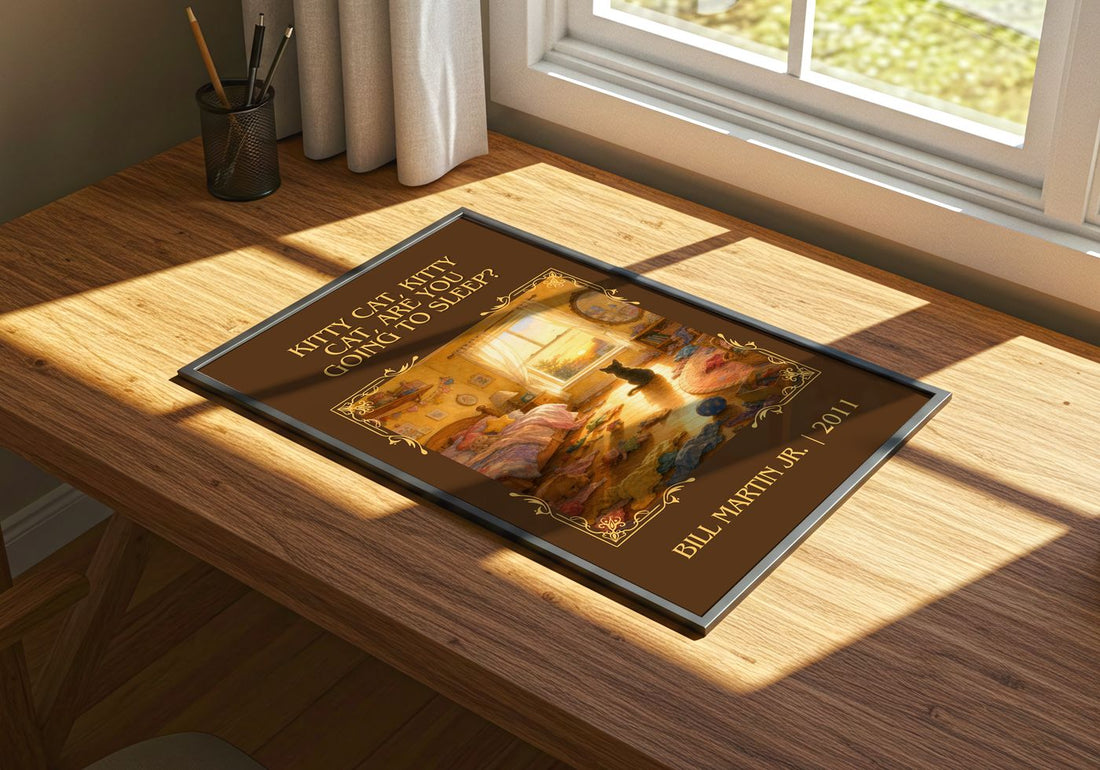 Kitty Cat, Kitty Cat, Are You Going To Sleep? Classic Book Art Print – print on a sunlit desk