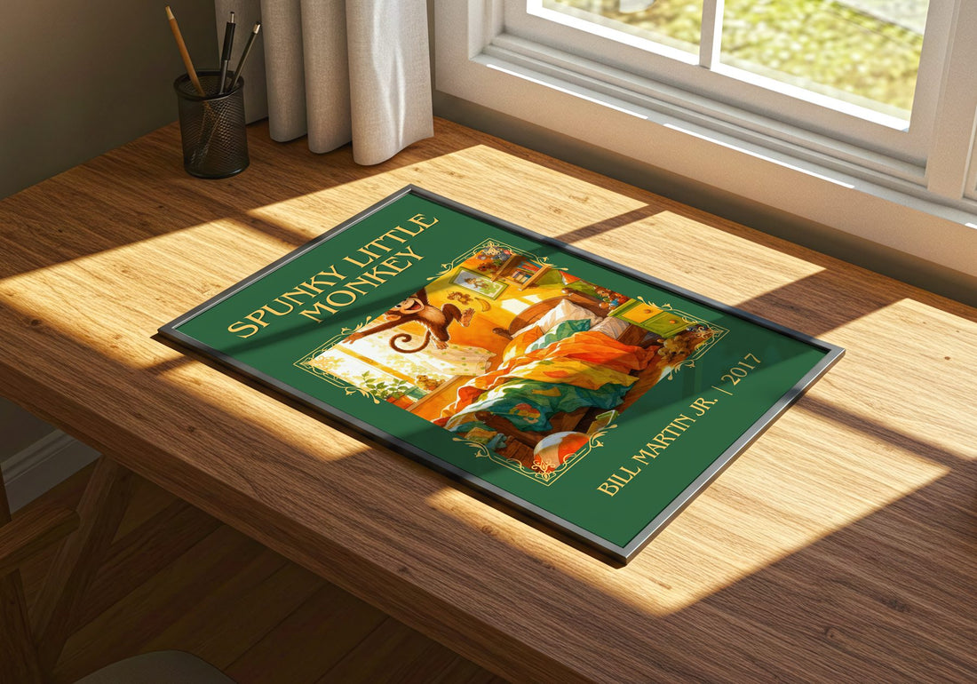 Spunky Little Monkey Classic Book Art Print by Bill Martin Jr. – print on a sunlit desk