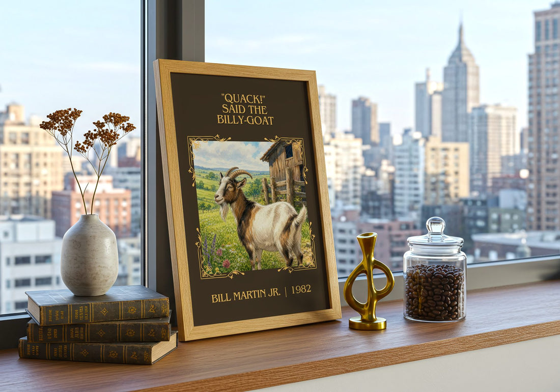 "Quack!" Said The Billy-Goat Classic Book Art Print by Bill Martin Jr. – framed print on a city-view windowsill