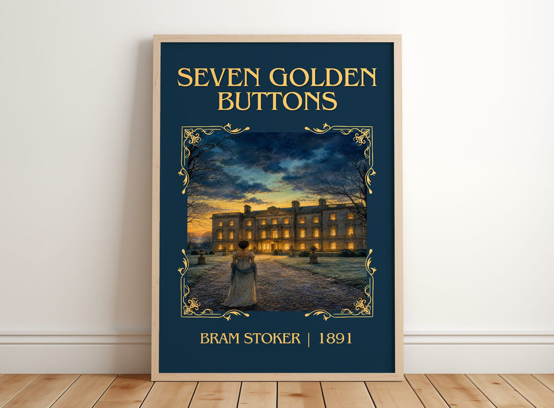 Seven Golden Buttons Classic Book Art Print by Bram Stoker – framed print leaning on a wooden floor