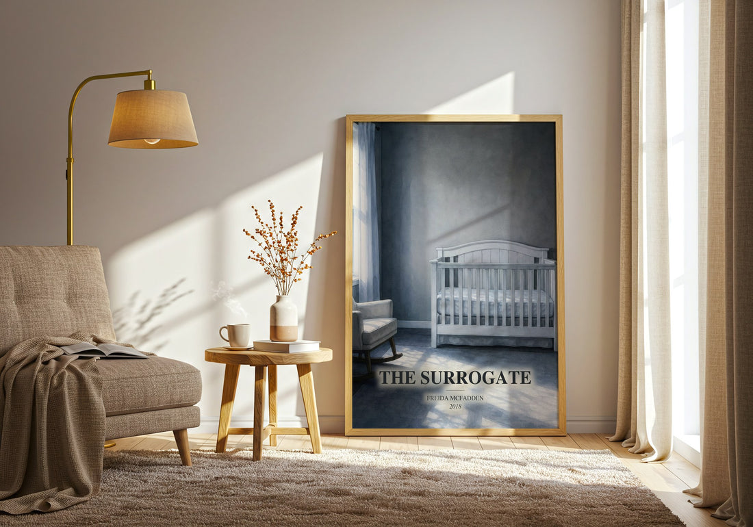 The Surrogate watercolour print in frame leaning in hallway – thriller wall art (mockup)