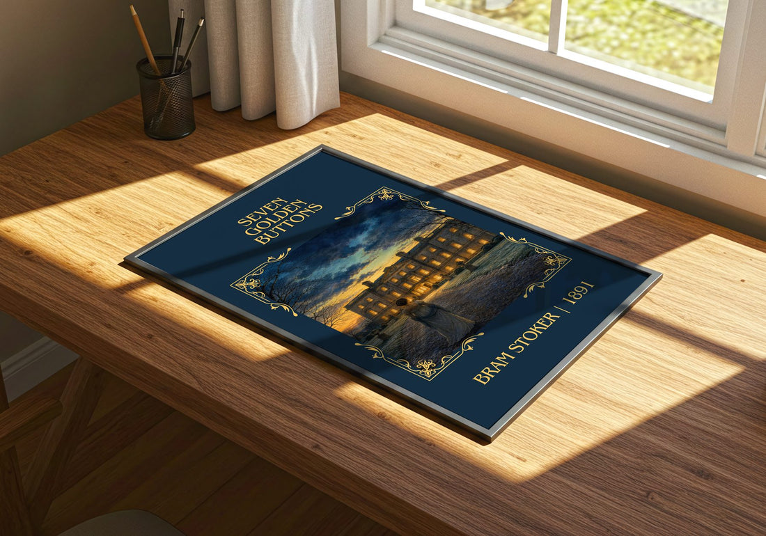 Seven Golden Buttons Classic Book Art Print by Bram Stoker – print on a sunlit desk